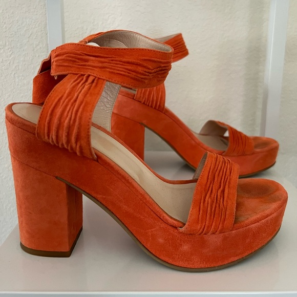 Dee Keller Leah Platform Tie Suede Sandal Heels in Orange. Size 38. - Picture 2 of 7